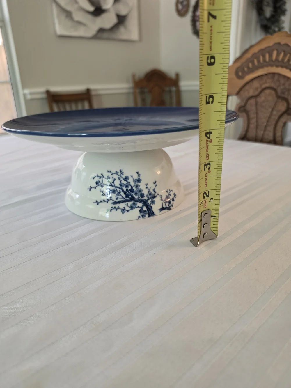 Blue Burst Dinner Plate Pedestal Base Chinoiserie cherry/plum blossom tree